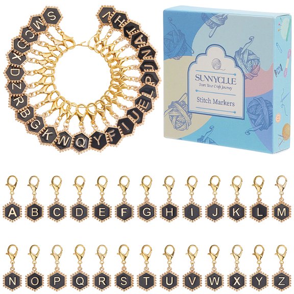 26Pcs 26 Styles Alphabet Stitch Markers Metal Knitting Markers Bulk Enamel Letters Black Sewing Removable Lobster Claw Clasps Crochet CharmsDIY