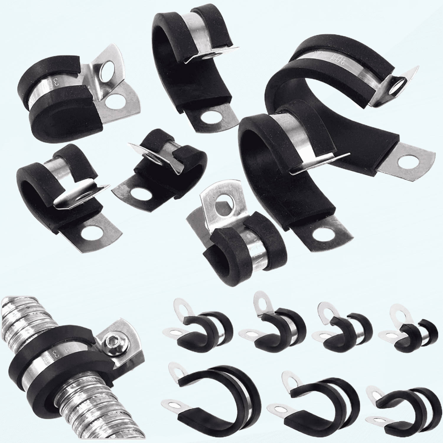 26Pcs 3/8 Inch Cable Clamps, 304 Stainless Steel Rubber Cushioned Hose ...