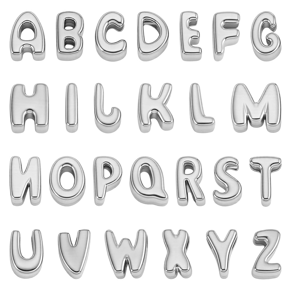 26Pcs 304 Stainless Steel Beads Letter A~Z Stainless Steel Color 7~7.5x2~7.5x3.5mm Hole: 1.8mm