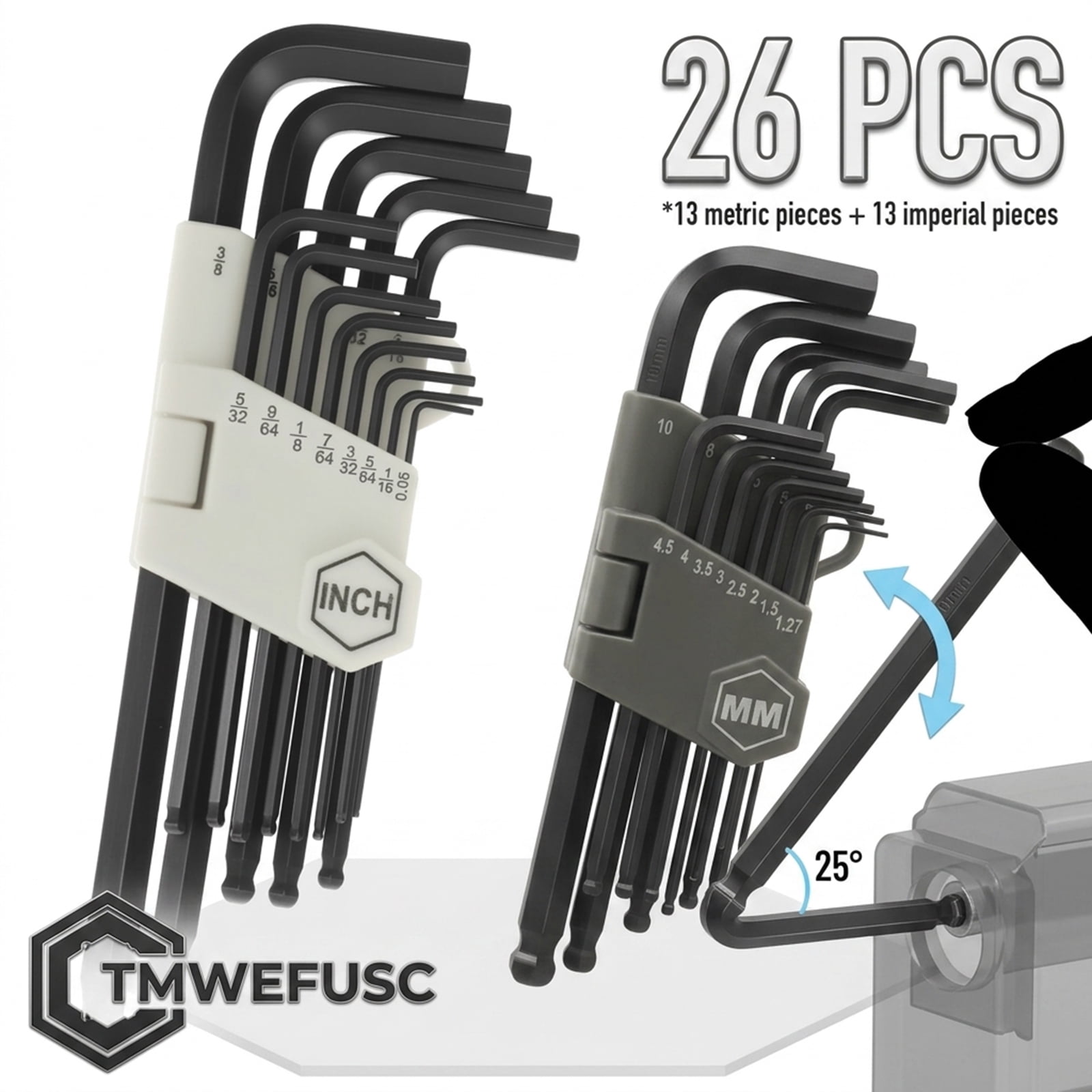 26Pcs Allen Wrench Set Portable S2 Alloy Steel L Shape Hex Key Assortment Set with Ball End SAE and Metric for Tight Space