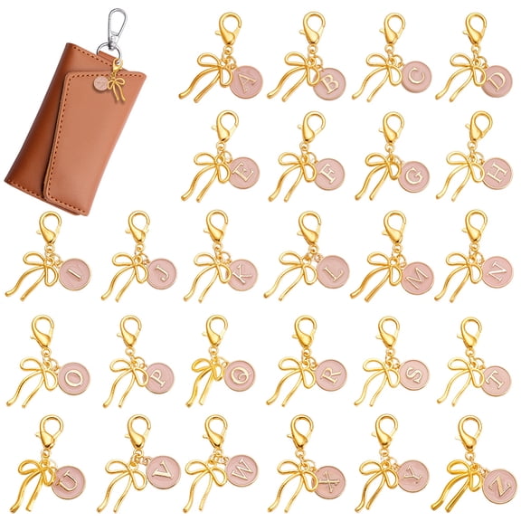 26Pcs Alloy Enamel Pendant Decorations with Alloy Lobster Claw Clasps Flat Round with Letter A~Z & Bowknot Pink 37mm
