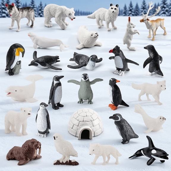 26Pcs Arctic Animal Figures - Polar Animal Toys Figurines with Penguins Arctic Fox Wolf Polar Bear Reindeer - Miniature Toys Cake Topper Christmas Birthday Gift for Kids & Toddlers