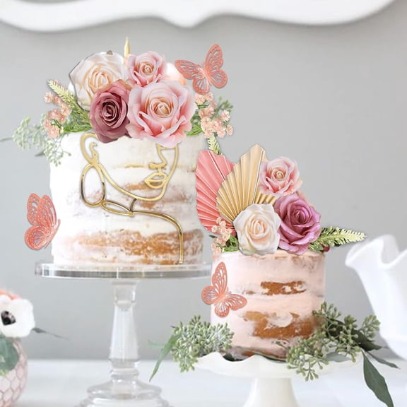 26Pcs Flower Boho Cake Toppers Butterfly Cake Dcor Acrylic Minimalist Art Lady Face Cake Toppers with Palm Leaves Artificial Vintage Purple Pink Flowers for Women Birthday Wedding Party Supplies
