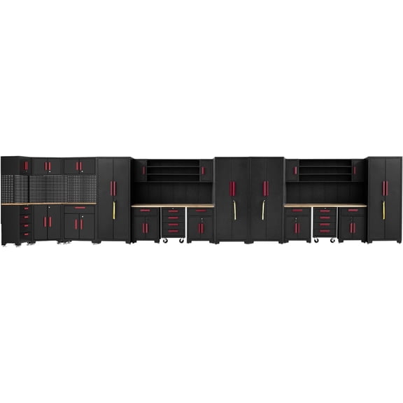 26Pcs Garage Cabinets and Storage System Corner Workshop Set with Corner Cabinet, Garage Storage Cabinet System, Cabinet Drawers, Workbench, Pegboard for Tool Organization, Black Red