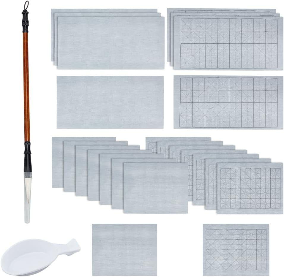 26Pcs No Ink Chinese Calligraphy Set with 24Pcs Grid Water Drawing Writing Cloth 1Pcs Traditional Calligraphy Writing Brushes Pen 1Pcs Water Dish for Calligraphy Class and Chinese Beginners Colorful