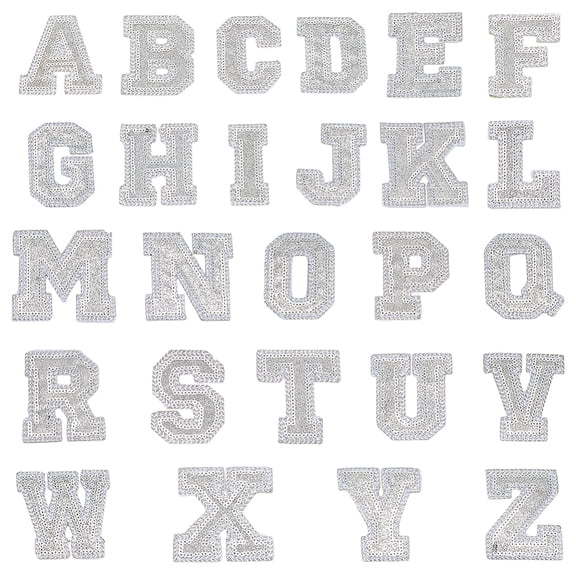 26Pcs Letter A~Z Glitter Powder with Paillette Sew on Cloth Patches Sewing Craft Decorations Silver 65x28.5~71x1.5mm
