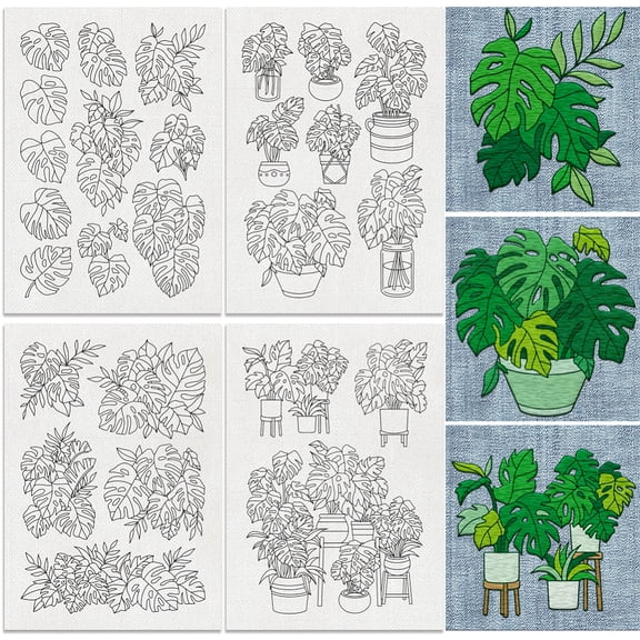 26Pcs Monstera Deliciosa Water Soluble Hand Sewing Stabilizers 8.3"x11.7" Potted Plant Embroidery Pattern Stabilizer 4 Sheets Leaves Stick