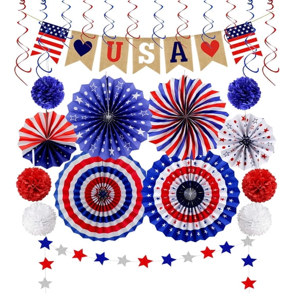 26Pcs Patriotic Decorations 4th of July Decor - LOVE USA Banner Red White Blue Paper Fans Star Streamer Pom Poms Hanging Swirls for Veterans day,Labor Day,Presidents Day,Flag Day