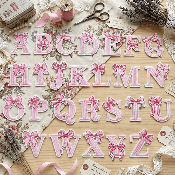 26Pcs Pink Bow Iron On Letters for Clothing, Embroidery Alphabet Patches A To Z Heat Transfer Iron Patches, Fabric Appliques for Clothing Bags Hats, Cute Spring DIY Sewing Craft Decoration