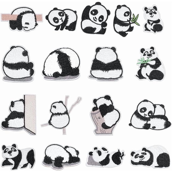 26Pcs Polyester Iron on/Sew On Patches Hot Melt Adhesive Cloth Appliques Panda Black 31~63x25~63x1.5~2mm Craft Supplies