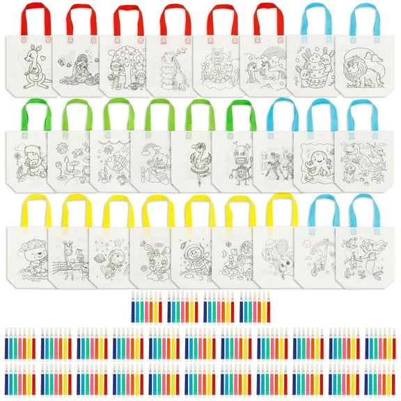 26Pcs Reusable Coloring Goodie Bag Nonwoven Coloring Party Favor Tote Bag with 182 Colorful Maker for Holiday Party DIY Craft