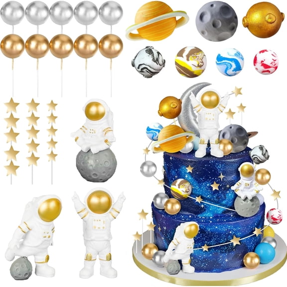 26Pcs Space Cake Topper Astronaut Cake Decorations Outer Space Planet Cake Toppers for Birthday Party Supplies Baby Shower