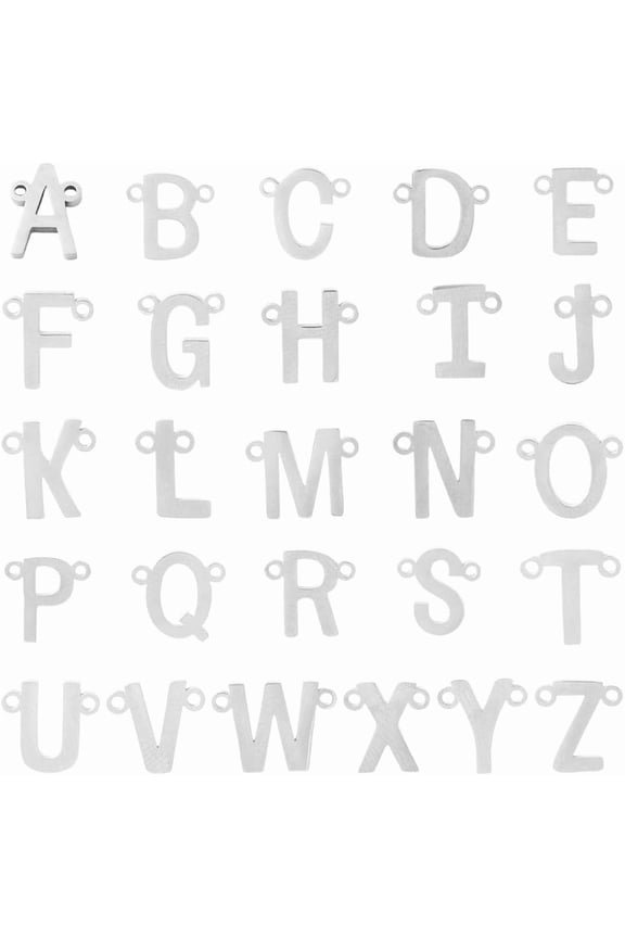 26Pcs Stainless Steel Connector Charms for Personalized Name Necklace Making Letter A~Z Links Stainless Steel Color 9.5~11x6.5~13.5x1.5mm Hole: 1.2mm