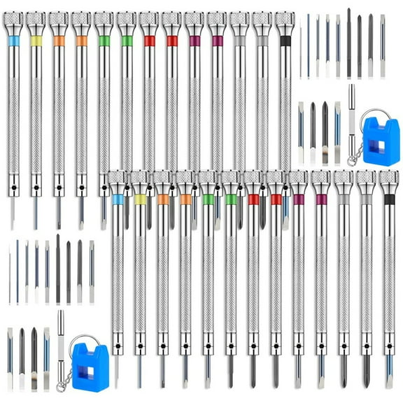 26Pcs Watch Screwdriver Set, Anti Slip Small Screwdriver Set, 0.6-2.0MM Mini Screw Driver, Electronic Repair Tool Kit,26 * screwdriver 26 * batch nozzle 2 * degausser 2 * glasses,Silver