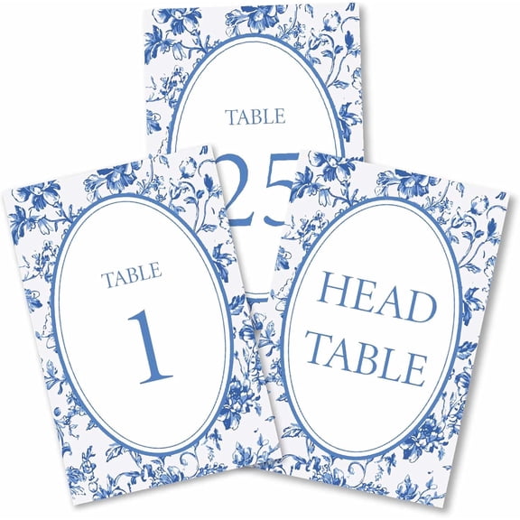 26Pcs Wedding Table Number Cards 1-25 Blue Floral Table Numbers Chinoiserie Flower Design Double Sided Paper Seating Sign