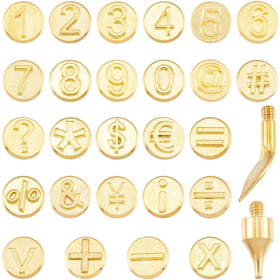 26Pcs Wood Burning Tip Set Golden Brass Copper Kit Number Symbol Soldering Stencil Leather Burner Pyrography Tool Template Sets for Wood Burning