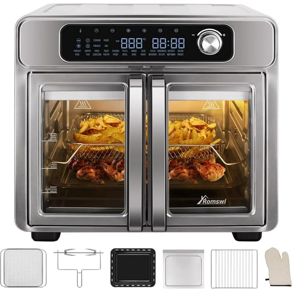 26QT French Door Air Fryer Toaster Oven Combo, 24 Cooking Functions and Digital Controls, Fits 12" Pizza, 6 Slices of Toast, Rotisserie 6lb Chicken, 6 Accessories Included