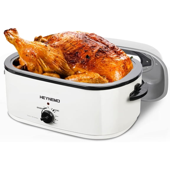 26Qt Turkey Roaster Oven Buffet with Self-Basting Lid 1450W Stainless Steel Electric Roaster Oven with Cool-Touch Handles Removable Pan and Rack White