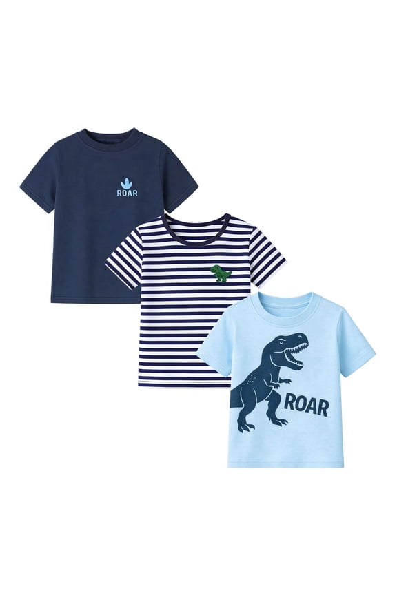 2-7T Toddler/Little Boys Light Blue/Navy/Stripe Dinosaur ROAR 100% Cotton T-Shirt 3-Pack, Size 4T