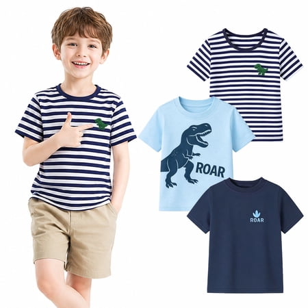 HILEELANG 2-7T Toddler/Little Boys Light Blue/Navy/Stripe Dinosaur ROAR 100% Cotton T-Shirt 3-Pack, Size 4T