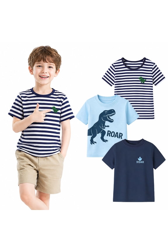 2-7T Toddler/Little Boys Light Blue/Navy/Stripe Dinosaur ROAR 100% Cotton T-Shirt 3-Pack, Size 4T