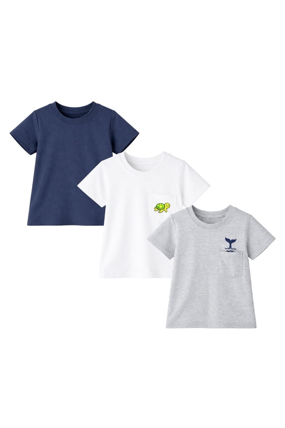 2-7T Toddler/Little Boys Grey/Navy/Cream Whale & Turtle 100% Cotton T-Shirt 3-Pack, Size 3T