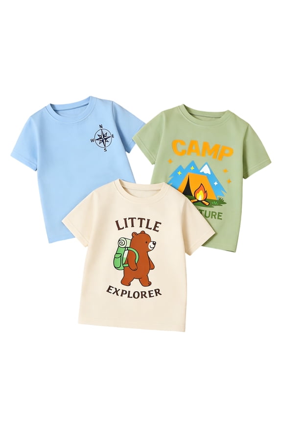2-7T Toddler/Little Boys Sage/Ivory/Blue Camp Adventure Explorer 100% Cotton T-Shirt 3-Pack, Size 4T