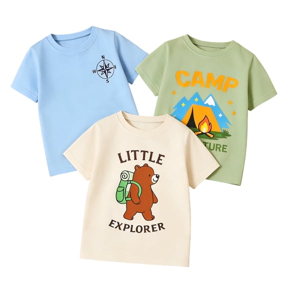 HILEELANG 2-7T Toddler/Little Boys Sage/Ivory/Blue Camp Adventure Explorer 100% Cotton T-Shirt 3-Pack, Size 4T