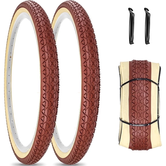 2 Pack 26"x2.125" Cruiser Beach Bike Tires Brown Color Replacement Folding Bicycle Tyres for City Commuter Urban Without Tubes