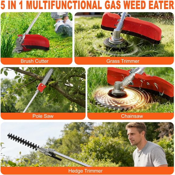 26cc Weed Wacker Gas Powered, Gas Weed Eater/Hedge Trimmer/Brush Cutter/Chainsa and Chainsaw, 5 in 1 Multi Lawn Mover for Yard, Garden, Park Red$$Garden & Patio