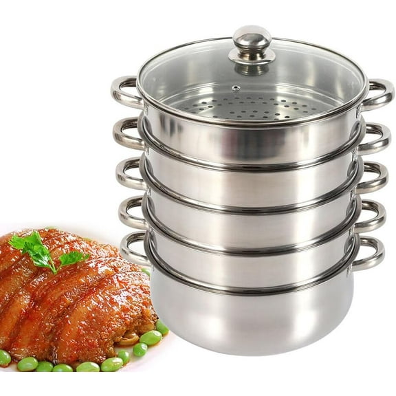 26cm 5 Tier Stainless Steel Food Steamer Meat Vegetable Steamer Pot Steam Cookware with Glass Lid$$Home Decor, Kitchen, & Other