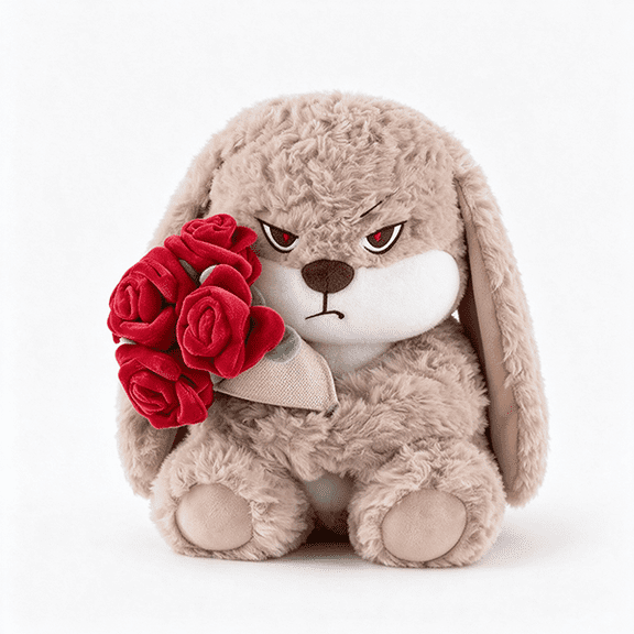 26cm Fluffy Angry Bunny Plush Toy with Removable Rose Bouquet, Long Floppy Ear Grumpy Rabbit Stuffed Animal, Unique Romantic Gift for Girlfriend Wife Plush Collectible Home Decor
