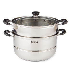 Supor 2-Tier Stainless Steel Steamer Pot with Glass Lid, 7.6QT Large, for Dumplings, Seafood, Vegetables & More