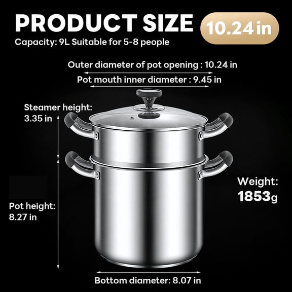 26cm Stainless Steel 2-Tier Steamer Pot (9L) | Induction Compatible | Tall Steamer with Glass Lid for 5-8 People