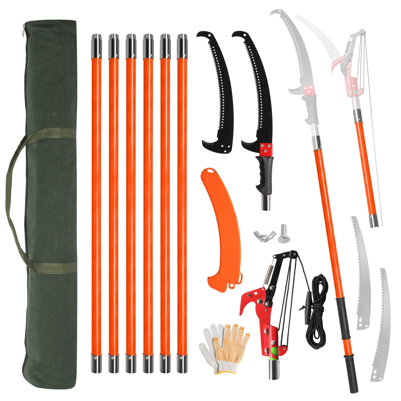 26ft Adjustable Manual Pole Saw  Lightweight Fiberglass Tree Trimmer with Steel Blades, Rope Pull System & Storage Bag (13.7lbs, 8-Pole Kit)