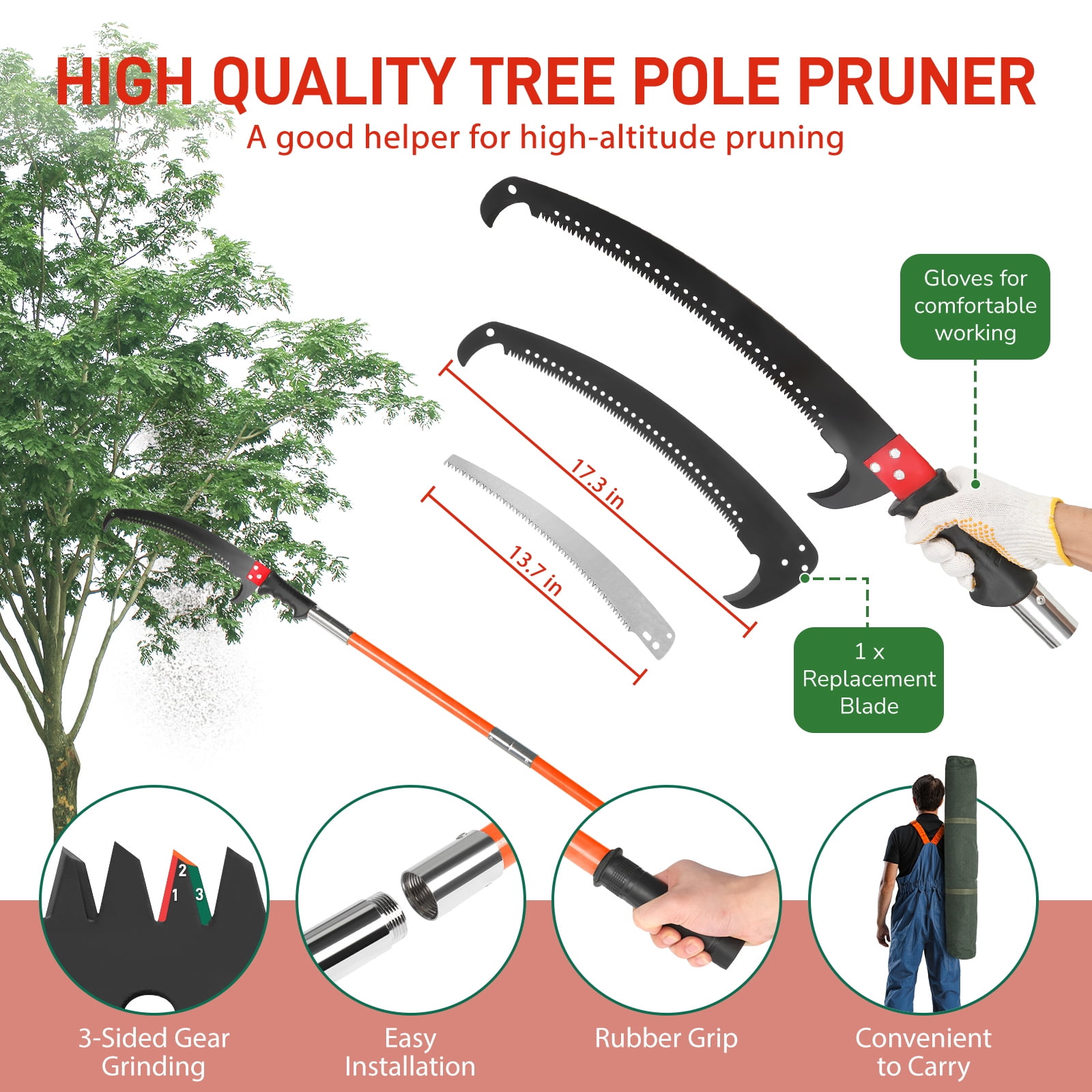 26ft Lightweight Manual Pole Saw for Easy Trimming, Sharp Steel Blade, Ideal for High Trees and Shrubs like Palm and Pear Trees
