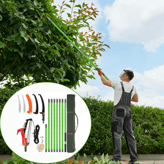26ft Manual Pole Saw Pruner Set 8 Extendable Fiberglass Poles 2 Sharp Saw Blades Scissors with Pull Rope 6.5-26ft Reach for Tree Trimming Branch Cutting Palm Pear Fir Shrubs Garden Yard Maintenance