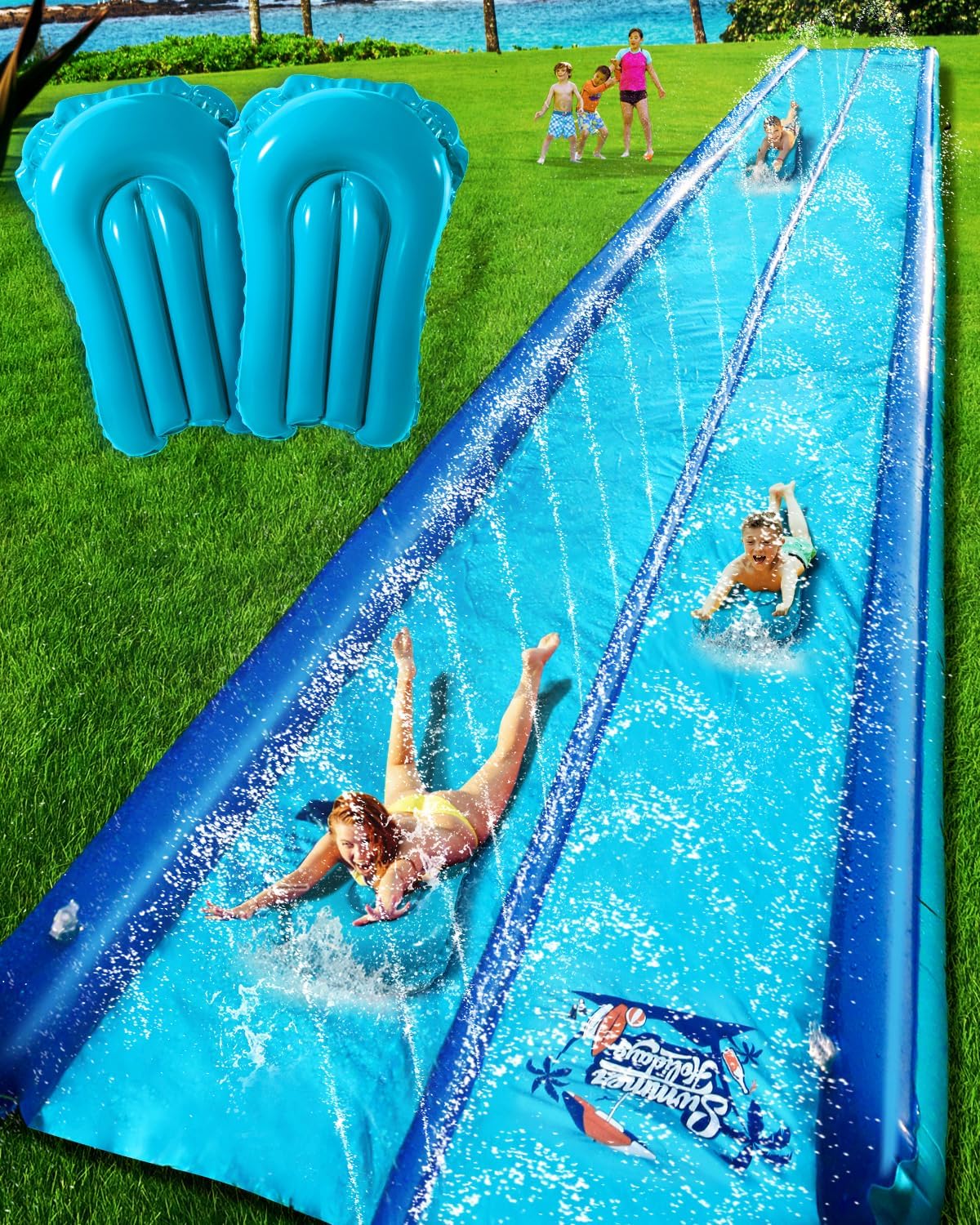 26ft Slip and Water Slide with 2 Bodyboards，Party Blue Water Slide with