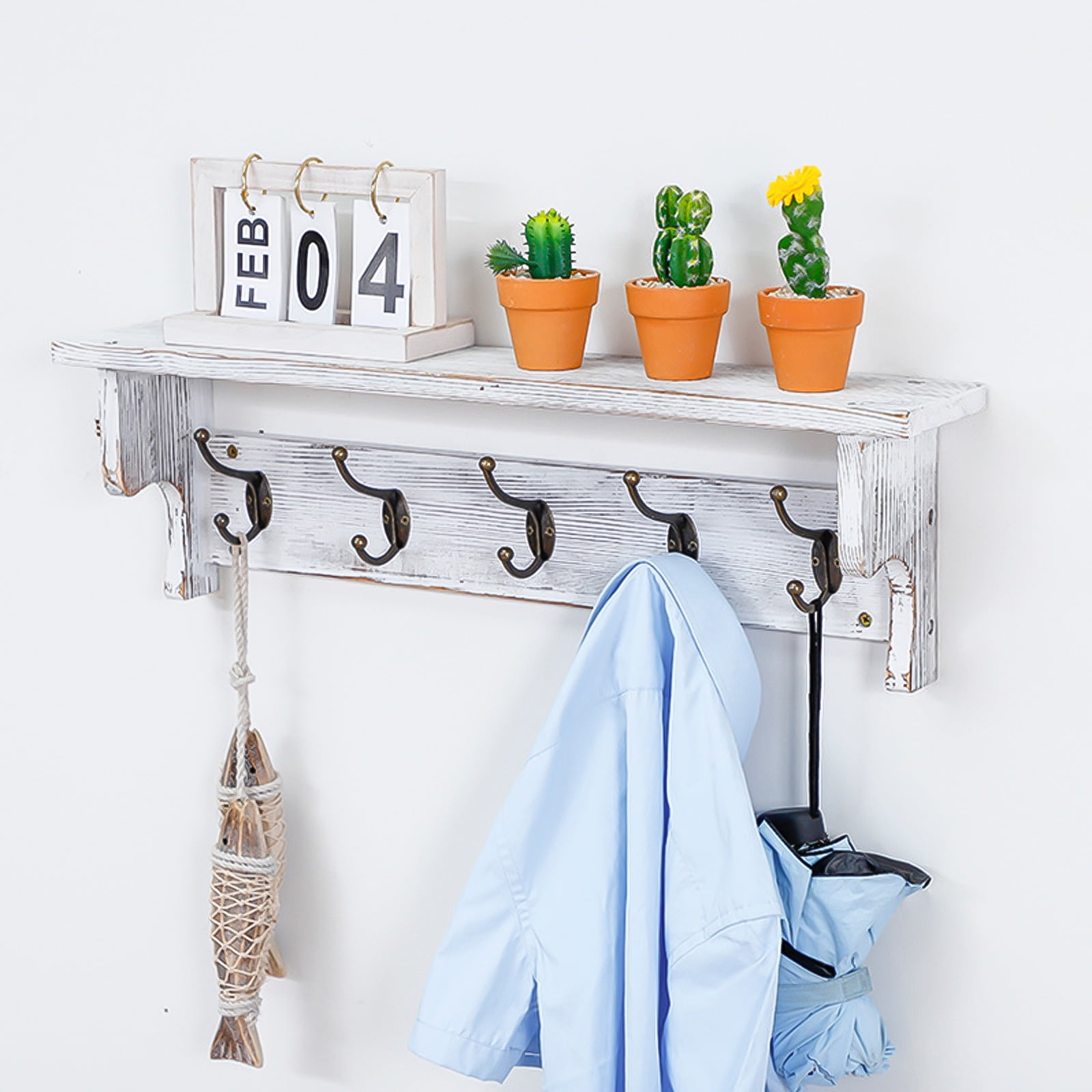 Set of 2 Coat Hooks Wall Mount with Shelf 26inch Rustic Wood Coat Rack with  5 Dual Metal Hooks