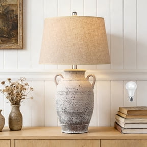 26in Farmhouse Ceramic Table Lamp, 3-Way Dimmable Bulb Included, Rustic Bedside Light for Bedroom Living Room