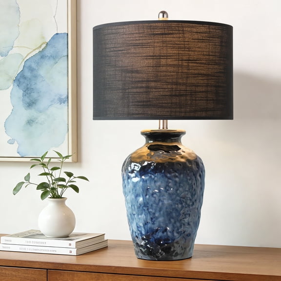 26in Farmhouse Ceramic Table Lamp, Rustic Navy Blue Bedside Lamp with Oatmeal Linen Shade for Bedroom Living Room Office Nightstand