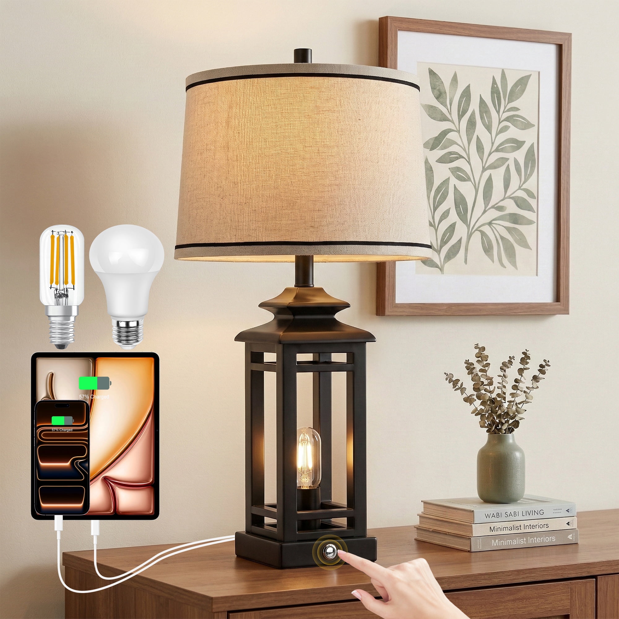 26in Farmhouse Table Lamp Black Desk Lamp with Linen Shade, LED Bulbs Included for Bedroom Living Room