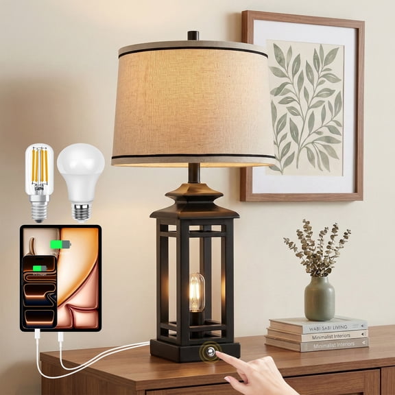 26in Farmhouse Table Lamp Black Desk Lamp with Linen Shade, LED Bulbs Included for Bedroom Living Room
