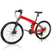 26in Foldable Land Rover Mountain Bike 21-Speed High Carbon Steel Frame 100kg Capacity Double Disc Brakes & Thickened Shock-Absorbing Front Fork Red Black