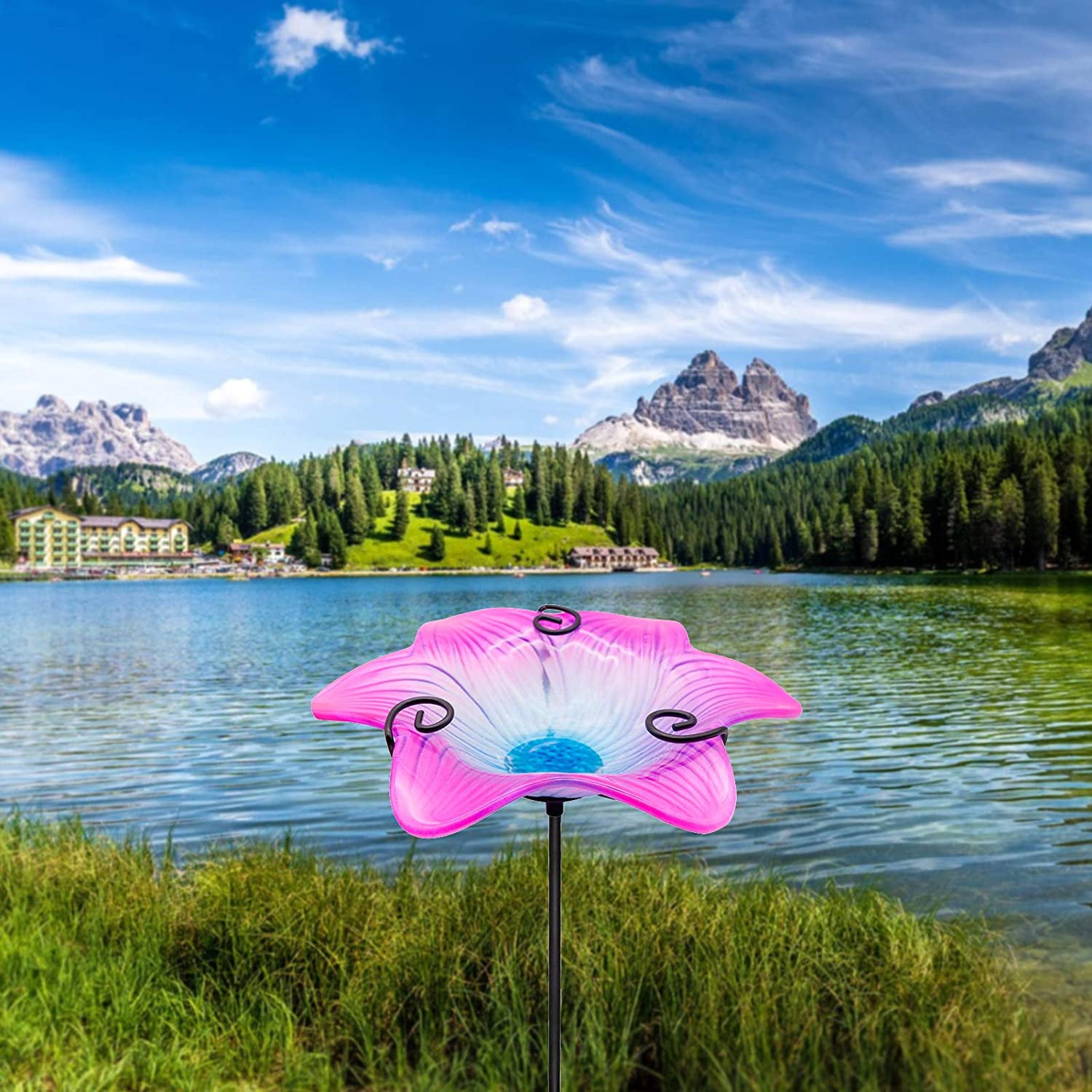 26in Height Flower Glass Bird Bath w/ Metal Stake Outdoor Garden Yard ...