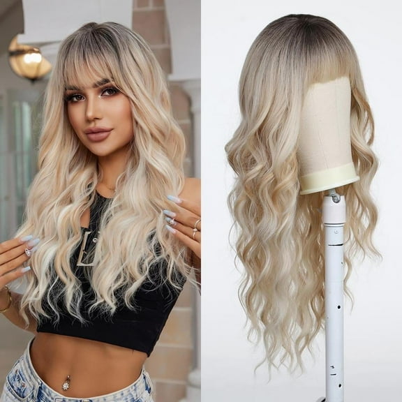 26in Ombre Blonde Wavy Wig for Women, Jademall Long Wavy Wig with Bangs, Curly Natural Looking Synthetic Fiber Wig for Party Dance Cosplay Daily Use - Gray Blonde