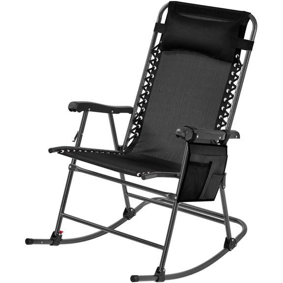 26in Rocking Chair Outdoor, Zero Gravity Folding Rocking Chair, Foldable Reclining Lounge Chair for Lawn, Patio, Garden, Sunbathing,w/ Cupholder & Pillow,Ergonomic Design for Relaxation, Black