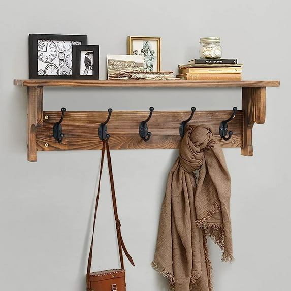 26in Wall Mounted Coat Rack with Shelf Rustic Wood Coat Rack with 5 Dual Metal Hooks
