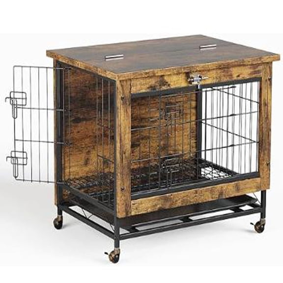 26in Wooden Dog Crate Furniture with 2 Doors, Small Dog Crates with Wheels, Heavy Duty Steel-Tube End Side Table Kennel Furniture, End Table Dog Cage, 26.4"x19.7"x25.6", Anti-Chew Anti-Escape