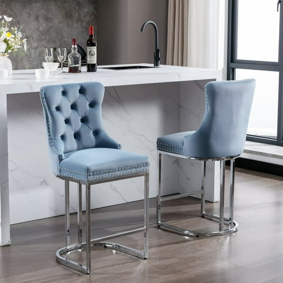 26inch Barstools Set of 2, Velvet Button Tufted Counter Height Bar Stools with Nail Head Trims, Upholstered Bar Chair with Wingback and Metal Footrest for Kitchen Island, Home Bar, Light Blue